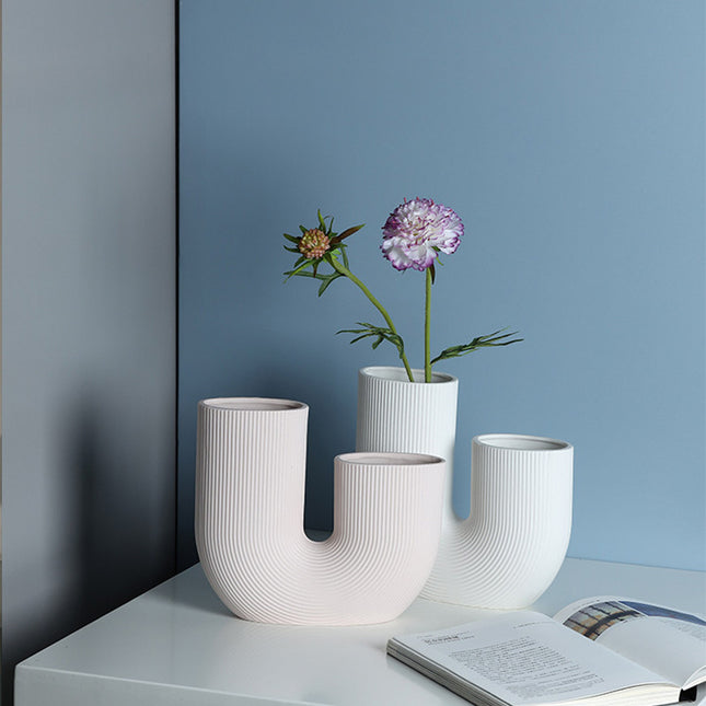 Modern And Simple U-Shaped Geometric Striped Ceramic Vase Ornaments Dry Flower Arranging Device Home Desktop Soft Decoration