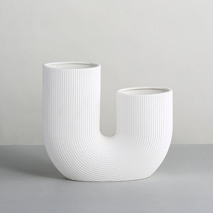 Modern And Simple U-Shaped Geometric Striped Ceramic Vase Ornaments Dry Flower Arranging Device Home Desktop Soft Decoration