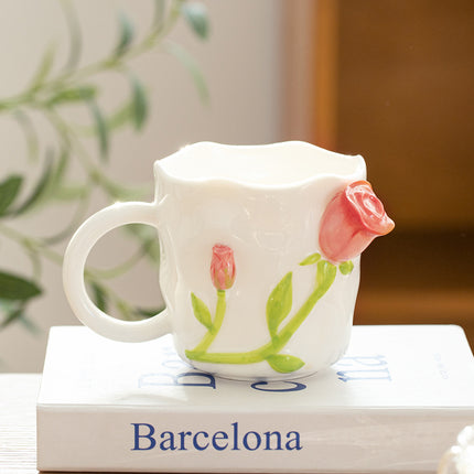 Design Three-dimensional Rose Relief Ceramic Mug Red 420ml