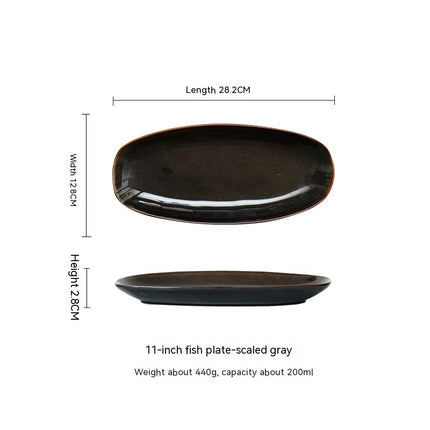 Glaze Kiln Oval Fish Dish Household Dinner Plate Long Plate Swing Plate Scale colored gray 11inches