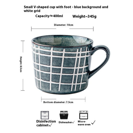 Line Cup Creative V-shaped Ankle Banded Coffee Cup Blue background White grid 400ml