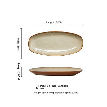 Glaze Kiln Oval Fish Dish Household Dinner Plate Long Plate Swing Plate Bangkok Brown 11inches