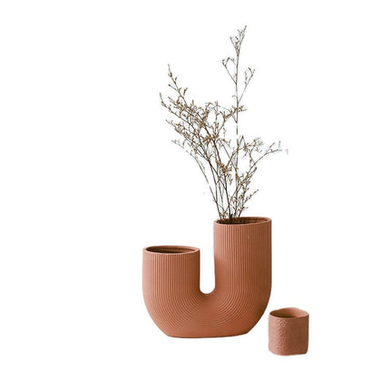 Modern And Simple U-Shaped Geometric Striped Ceramic Vase Ornaments Dry Flower Arranging Device Home Desktop Soft Decoration