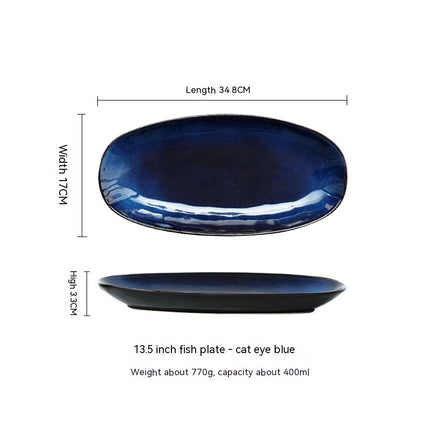 Glaze Kiln Oval Fish Dish Household Dinner Plate Long Plate Swing Plate Cat's Eye Blue 13inches