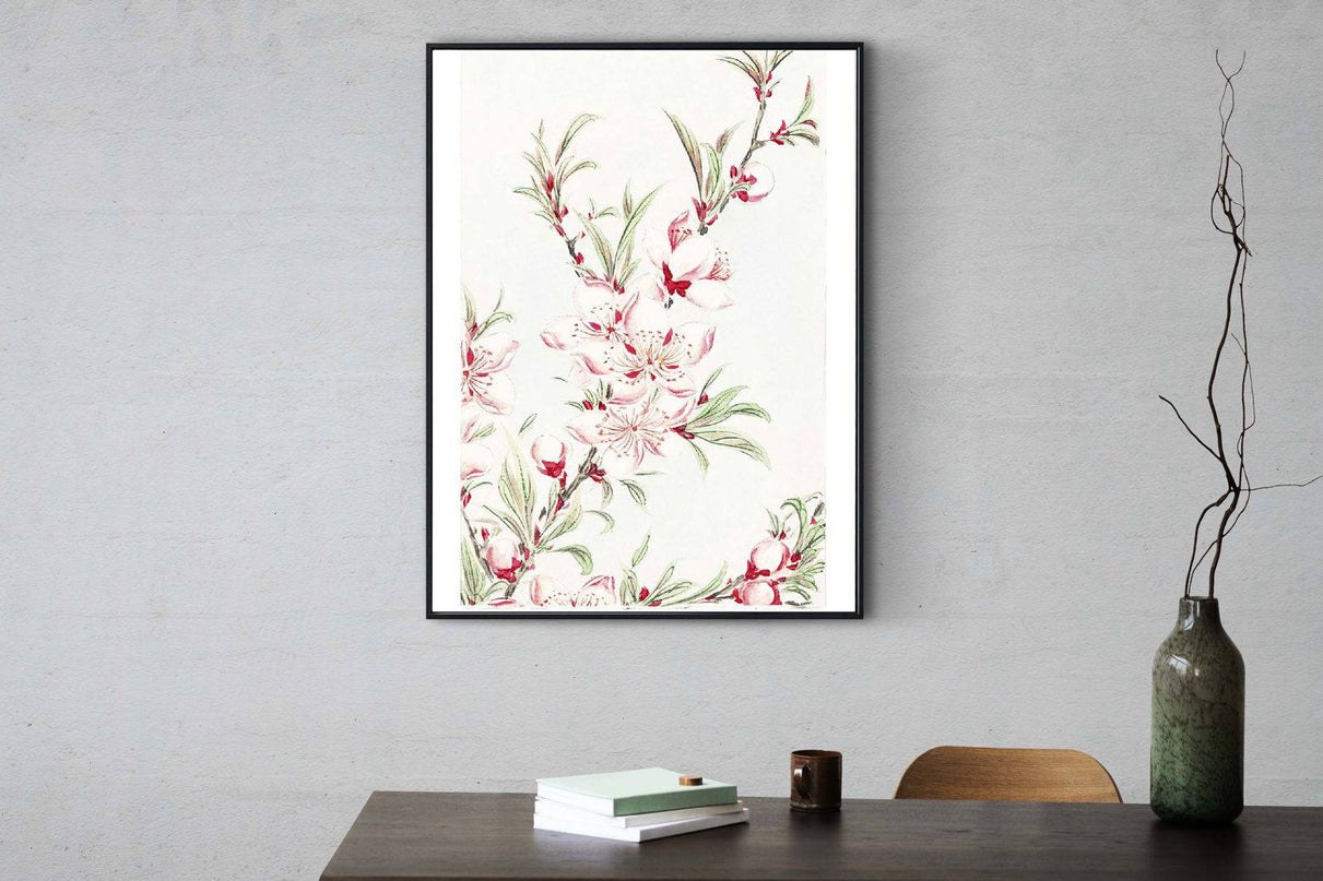 Megata Morikaga - Peach Tree Branches with Leaves and Blossoms