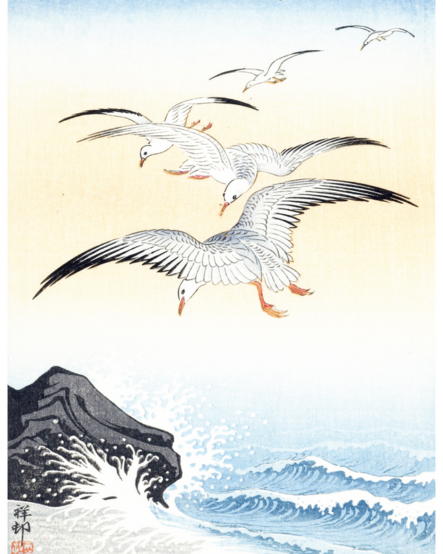 Ohara Koson - Five Seagulls Above Turbulent Sea