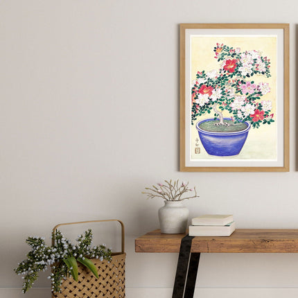 Ohara Koson - Flowering Azalea in Blue Pots