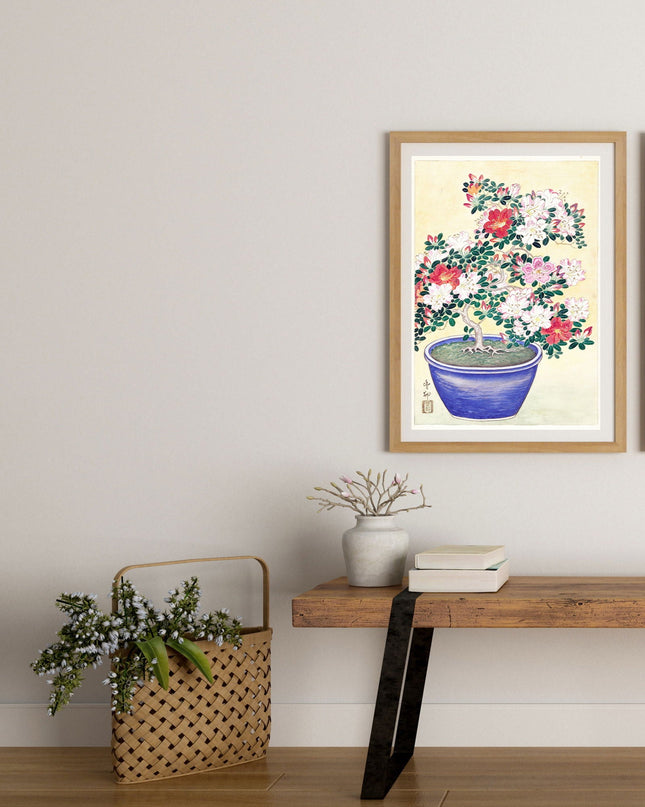Ohara Koson - Flowering Azalea in Blue Pots