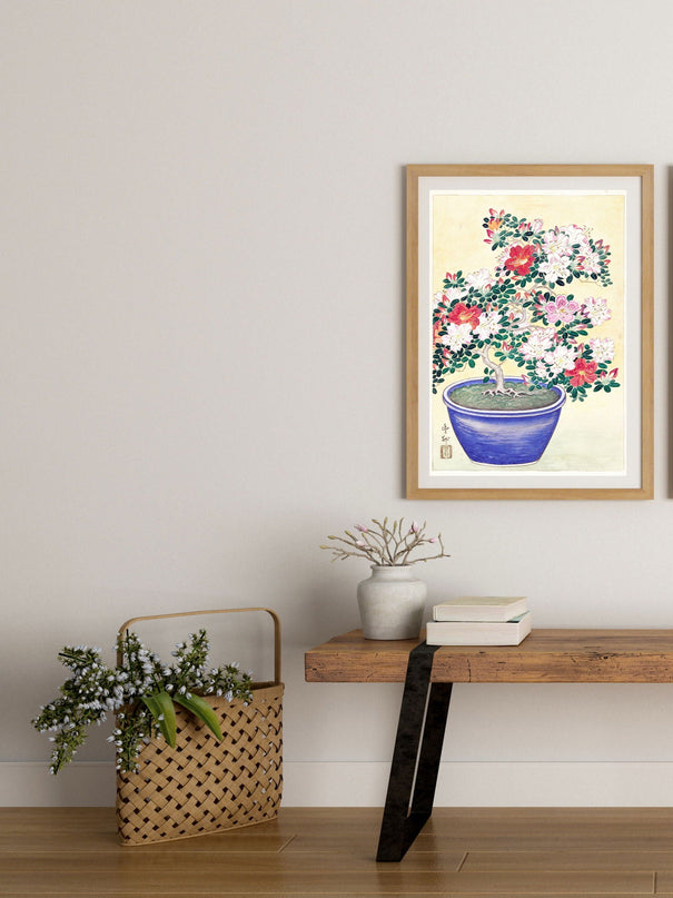 Ohara Koson - Flowering Azalea in Blue Pots