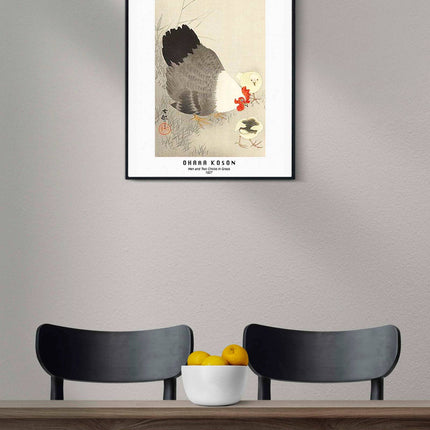 Ohara Koson - Hen and Two Chicks in Grass Poster