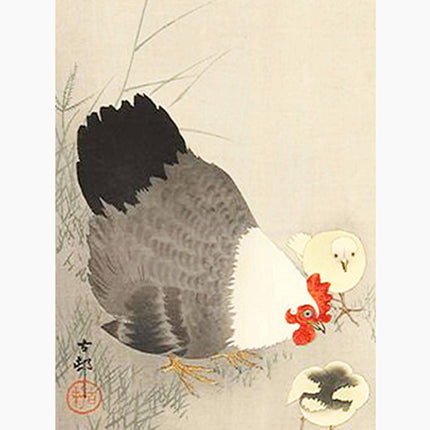 Ohara Koson - Hen and Two Chicks in Grass Poster