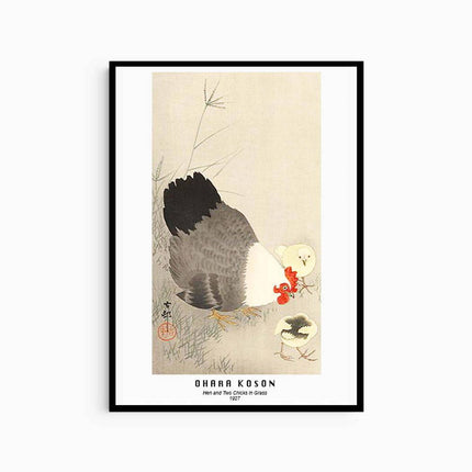 Ohara Koson - Hen and Two Chicks in Grass Poster