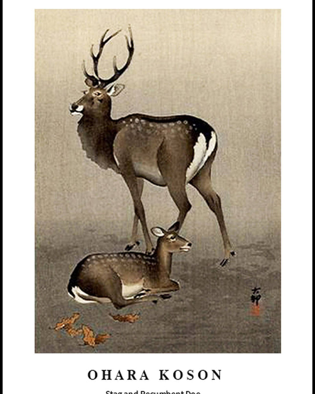 Ohara Koson - Stag and Recumbent Doe Poster