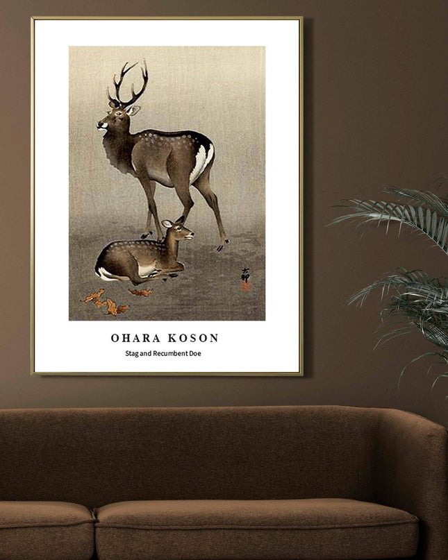 Ohara Koson - Stag and Recumbent Doe Poster