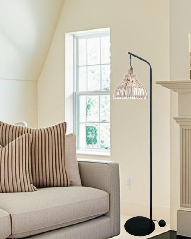 Floor Lamp Black Metal Brown Rattan