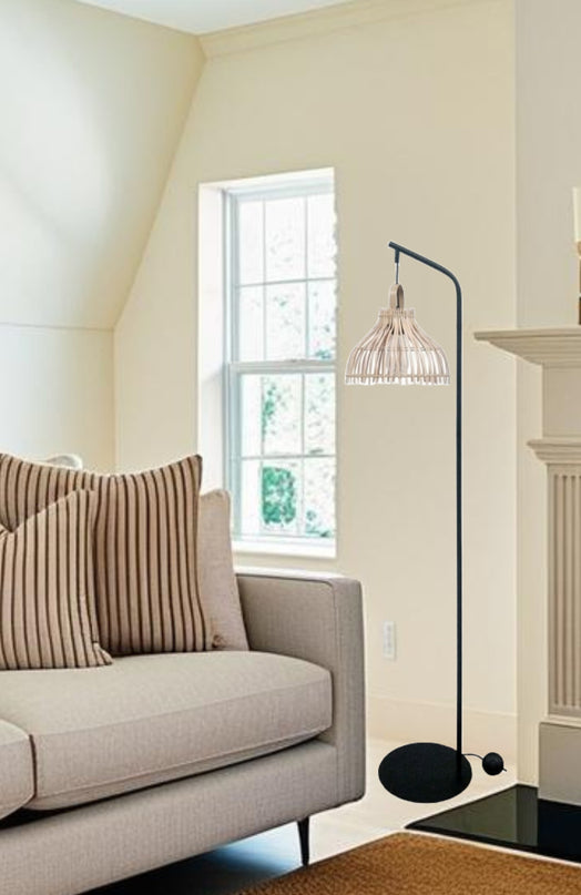 Floor Lamp Black Metal Brown Rattan