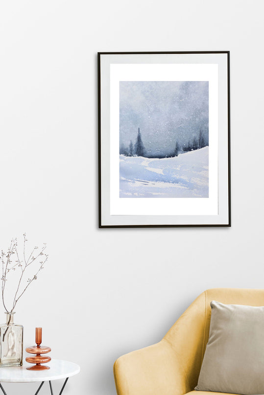 Watercolor Blue Winter Landscape Poster