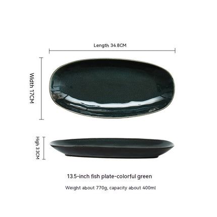 Glaze Kiln Oval Fish Dish Household Dinner Plate Long Plate Swing Plate Scale colored green 13inches