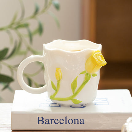 Design Three-dimensional Rose Relief Ceramic Mug Yellow 420ml