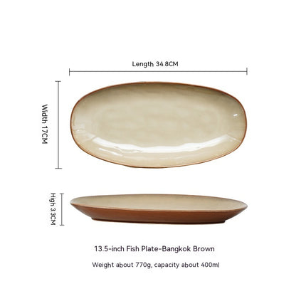 Glaze Kiln Oval Fish Dish Household Dinner Plate Long Plate Swing Plate Bangkok Brown 13inches