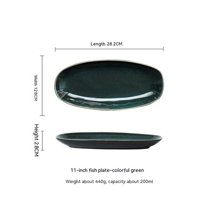 Glaze Kiln Oval Fish Dish Household Dinner Plate Long Plate Swing Plate Scale colored green 11inches