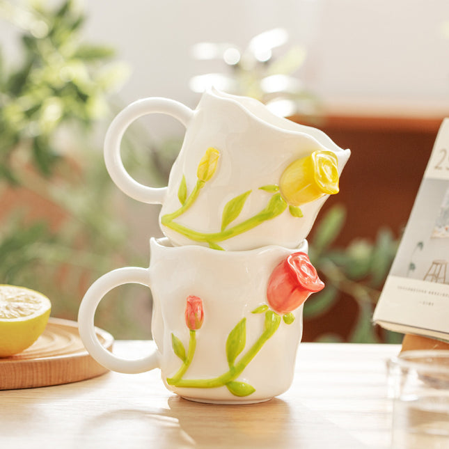 Design Three-dimensional Rose Relief Ceramic Mug