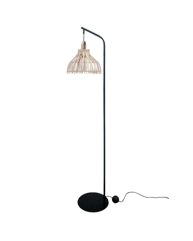 Floor Lamp Black Metal Brown Rattan