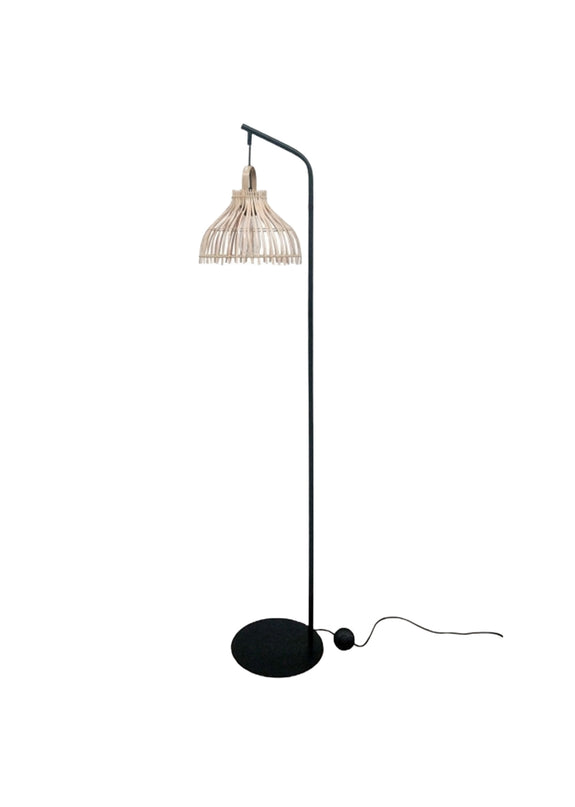 Floor Lamp Black Metal Brown Rattan
